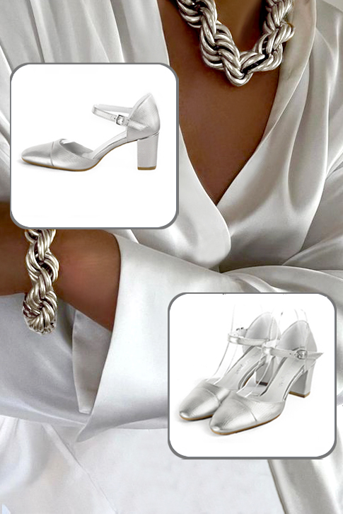Women's silver elegant closed-back heels, with an instep strap. Round toe. Medium block heels - Worn view